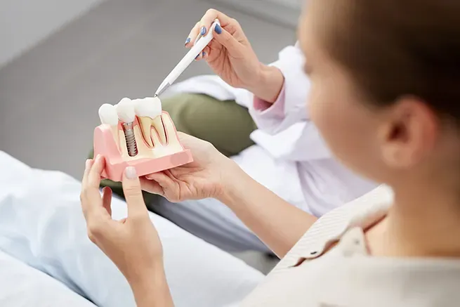 A dentist showing a patient a model of a dental implant